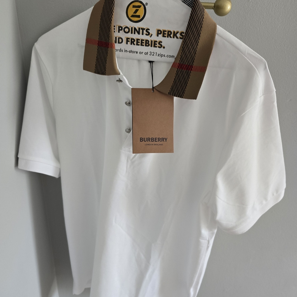 Burberry Polo Shirt in White with Tan Collar